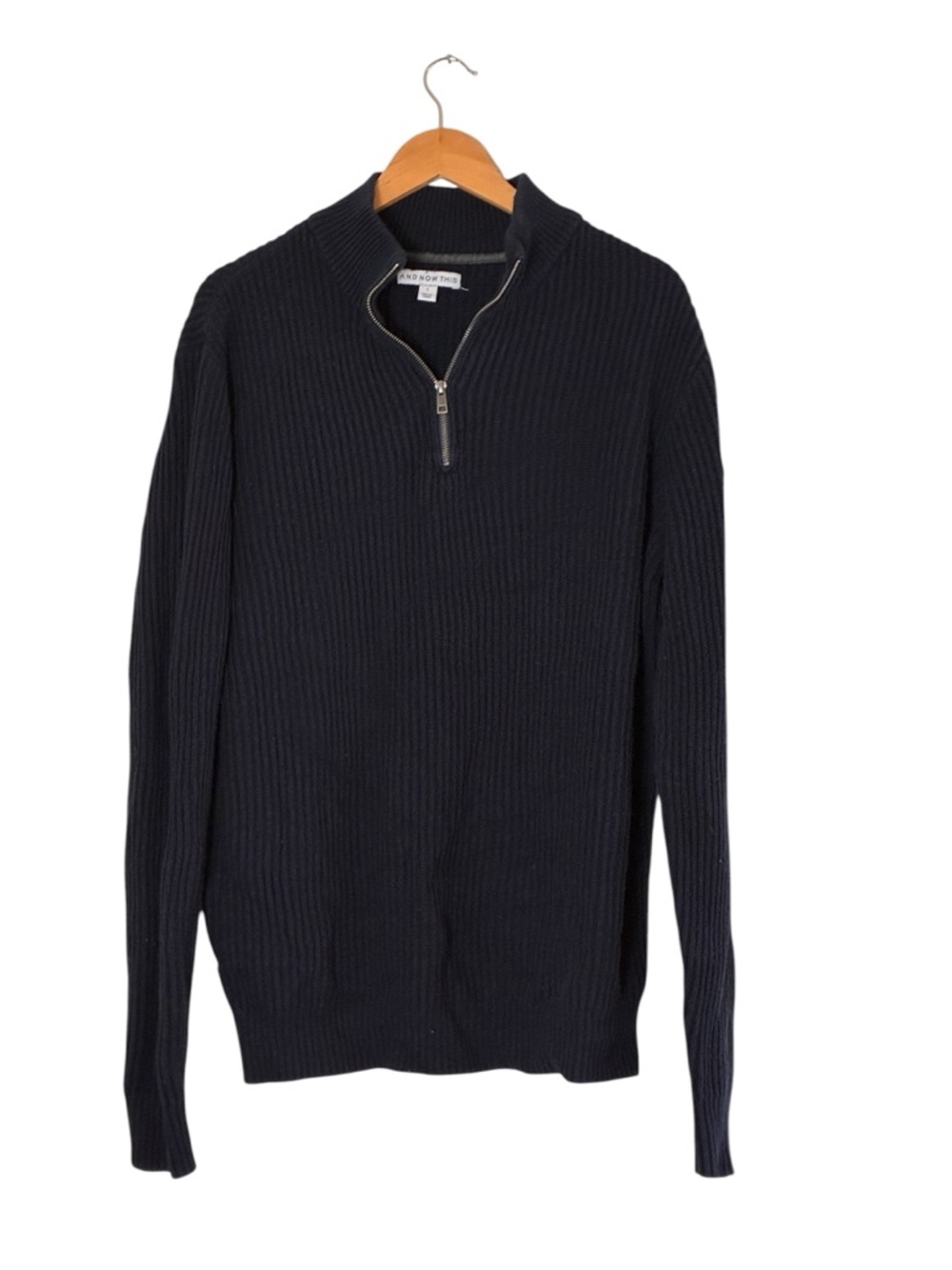 And Now This | Navy blue cotton blend knitted ribbed 1/2 zip front long sweater